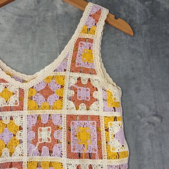 Boho Crochet Granny Square Tank Top Women's Yellow XS Rebellion Signature Knit - Picture 5 of 9